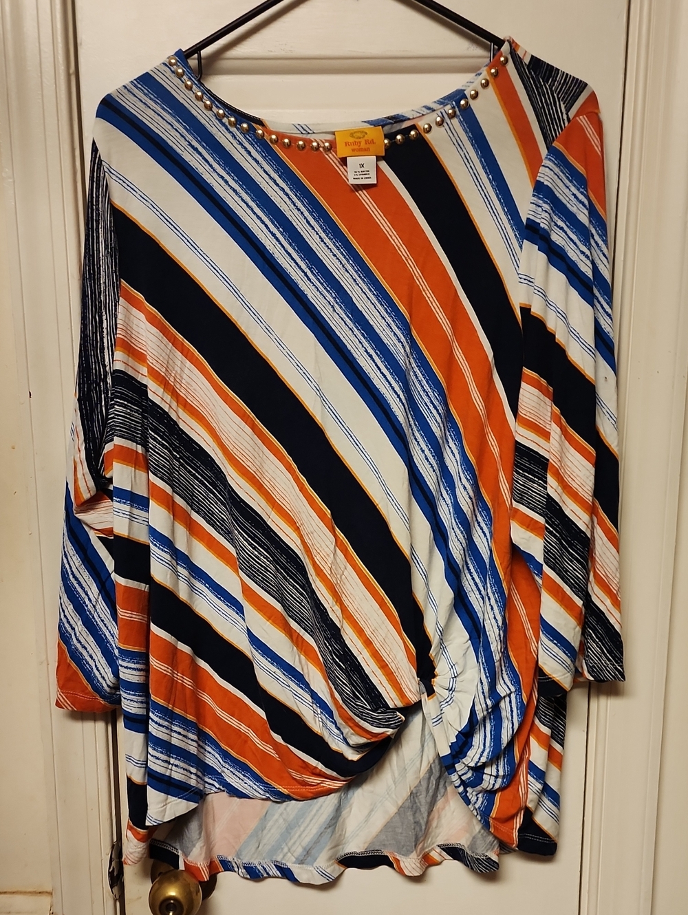 Ruby Rd. Striped Draped Tunic in Orange, Blue, Black and Cream